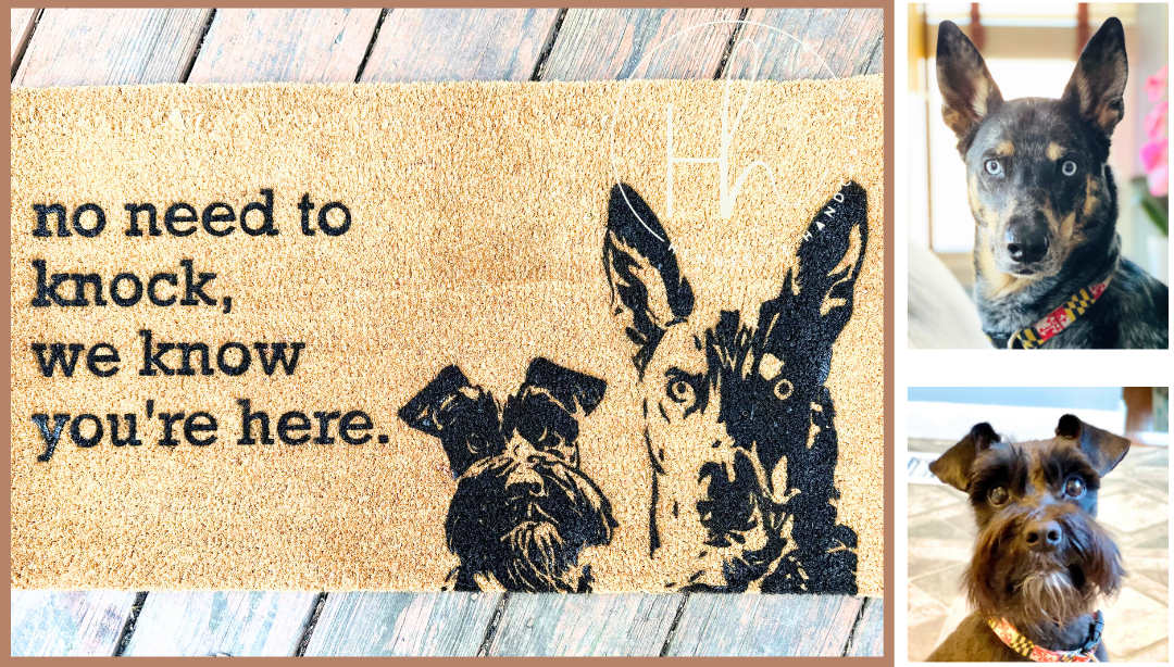 A rectangular doormat with a natural tan coir background, printed with the phrase 'no need to knock, we know you're here.' in black text and black silhouettes of two dogs.