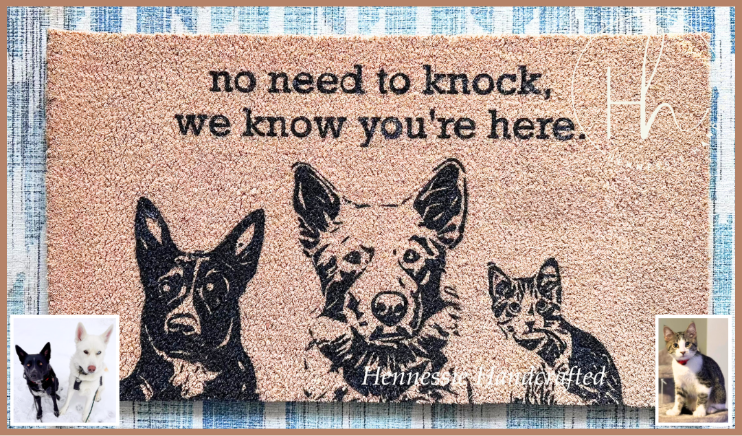 A rectangular doormat with a tan coir-like background, black text reading 'no need to knock, we know you're here.', and black silhouettes of a dog, cat, and dog head.