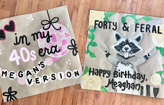 Two custom canvas prints displayed side-by-side on a wooden floor. The left canvas features a 40s theme with a pink disco ball, retro sunglasses, and the text 'in my 40s era MEGAN'S VERSION'.