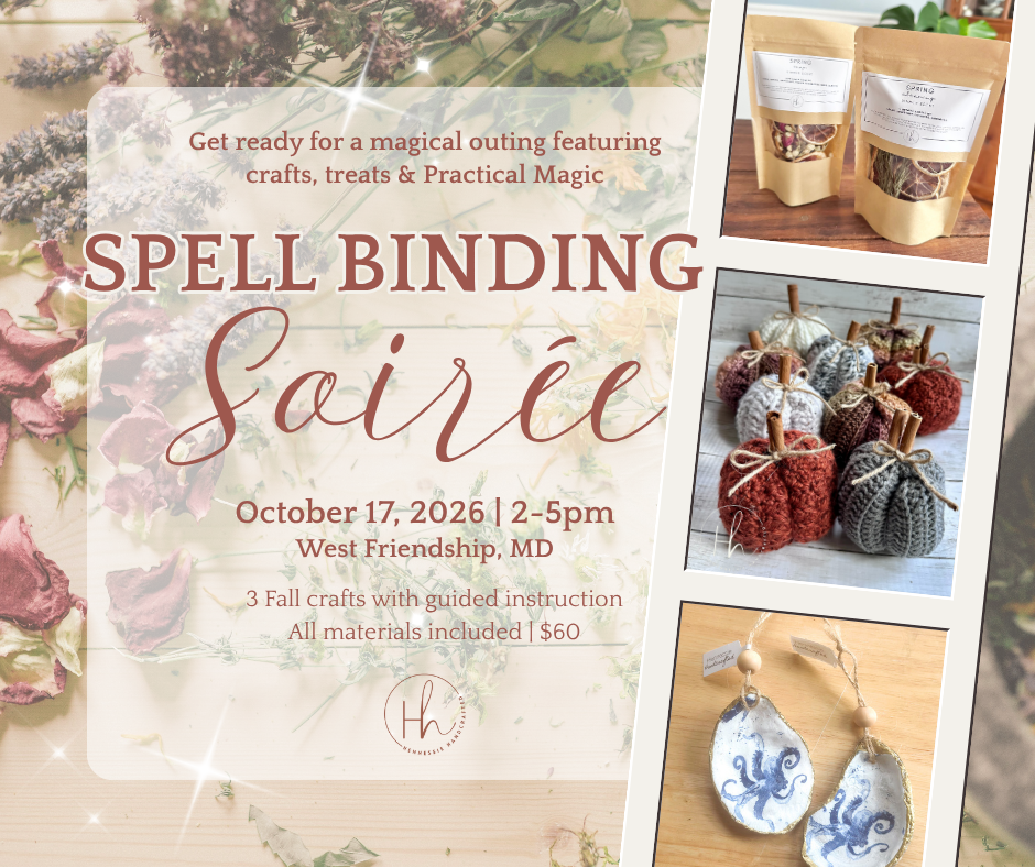 Promotional flyer for 'Spell Binding Soirée' on October 17, 2026, in West Friendship, MD. The flyer features a large central text panel with a soft floral background, alongside three smaller product photos on the right showing fall crafts (knitted pumpkins, shell earrings, and pouches).